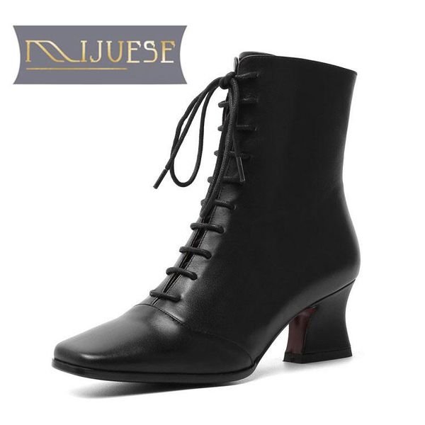 

boots mljuese 2021 women ankle cow leather winter short plush square toe zipper lace-up med heels female size 43, Black