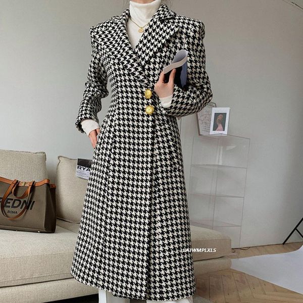 

2021 new autumn winter minimalist fashion houndstooth woolen long coat women overcoat customization, Black