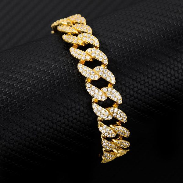 

12mm men zircon curb cuban link bracelet hip hop jewelry gold color for women couple jewelry vintage design party accessories, Golden;silver