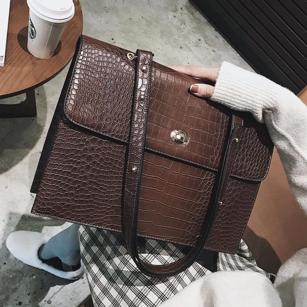 

european fashion female big tote bag 2020 new quality pu leather women's large handbag crocodile pattern shoulder messenger bags