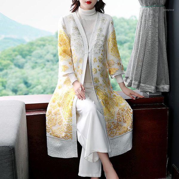 

big size new spring chinese style original design high-end full embroidered plate buckle long section trench outwear for women1, Tan;black