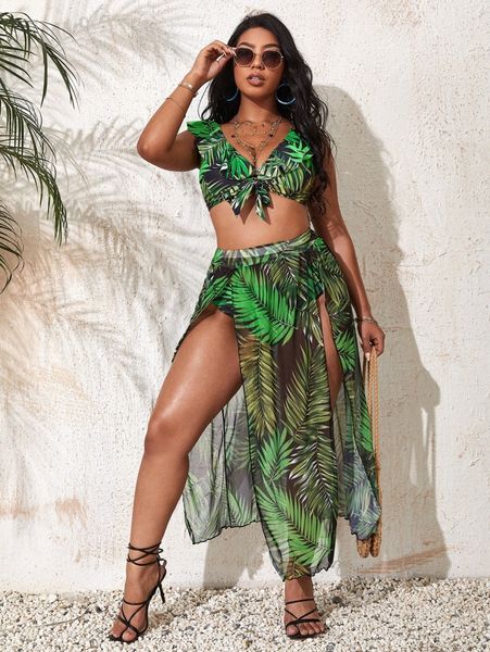 

3pack plus leaf print ruffle bikini swimsuit & beach skirt v4en#, Black