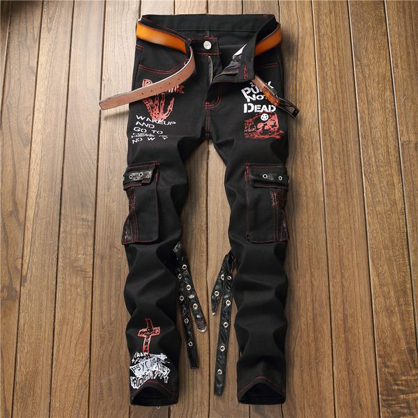 

2021 new european american men's trendy male retro personality bandage ribbon jeans pants patch stitching straight trousers cztd, Blue
