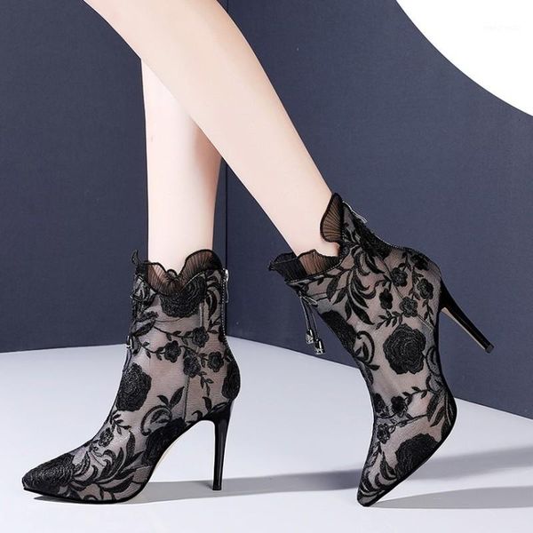 

women's mesh floral shoes embroidery flower lace ankle boots summer stilettos high heel ethnic breathable real leather new p031, Black