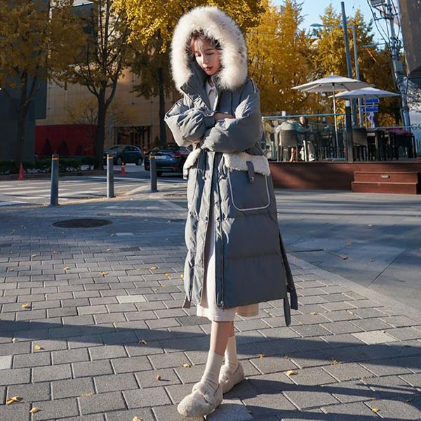 

2021 new female winter new tthened 90% white duck down korean loose large pockets fashion cotton coat long 5fc i0z6, Black