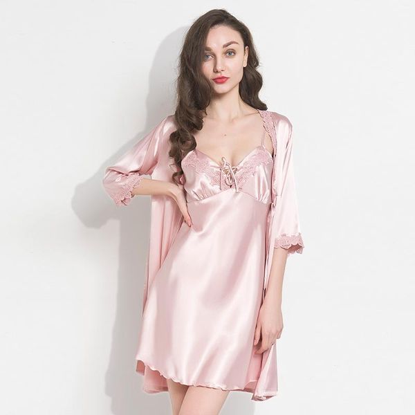 

set woman summer silk dress womens and blouses thin sling robes sleepwear sets long sleeve underwear women pijamas dress, Black;red