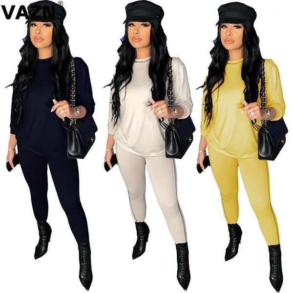 

women's tracksuits vazn young casual 2021 early autumn lady 3 colors 2-piece long set full sleeve o-neck tees skinny pants solid daily1, Gray
