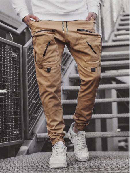 

men zip pocket drawstring waist cargo pants 32iq#, Black