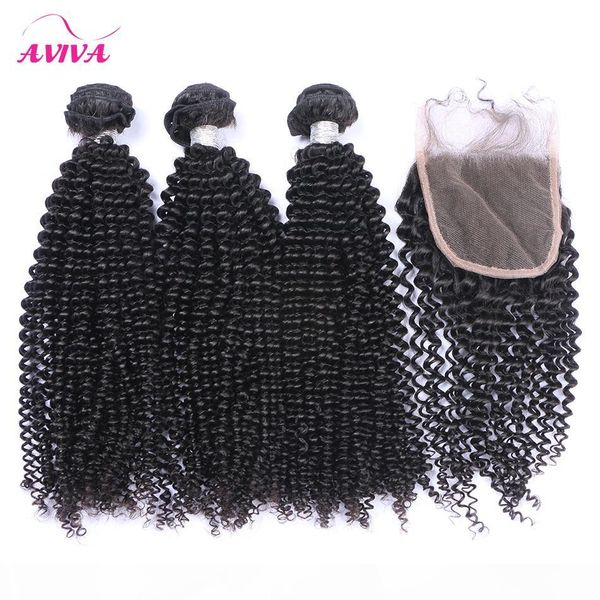 

malaysian kinky curly virgin human hair weaves with closure 4pcs lot lace closures and 3 bundles unprocessed malaysian kinky curly remy hair, Black