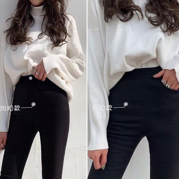 

2021 autumn winter plus size women high waist black pants ladies high elastic skinny pencil pants stretchy thicken trousers1, Black;white