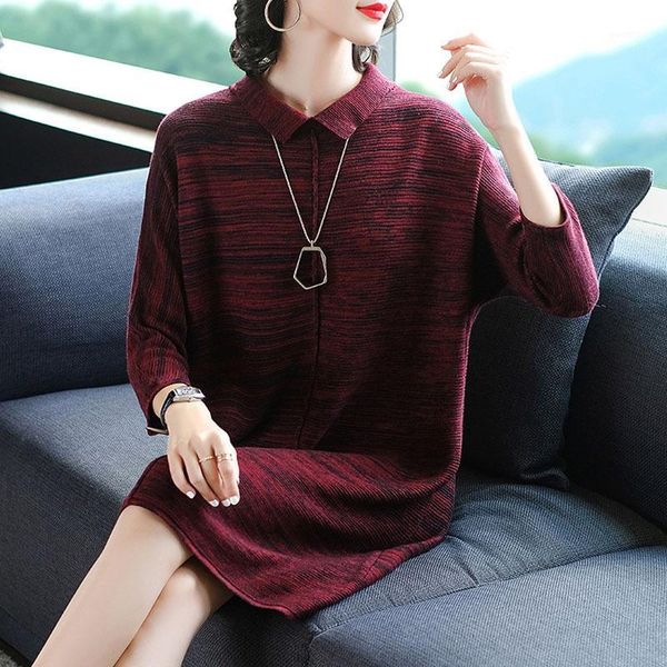 

europe and america new style women's fold-down collar three-quarter-length sleeve loose and plus-sized mid-length knitted full b1, White;black