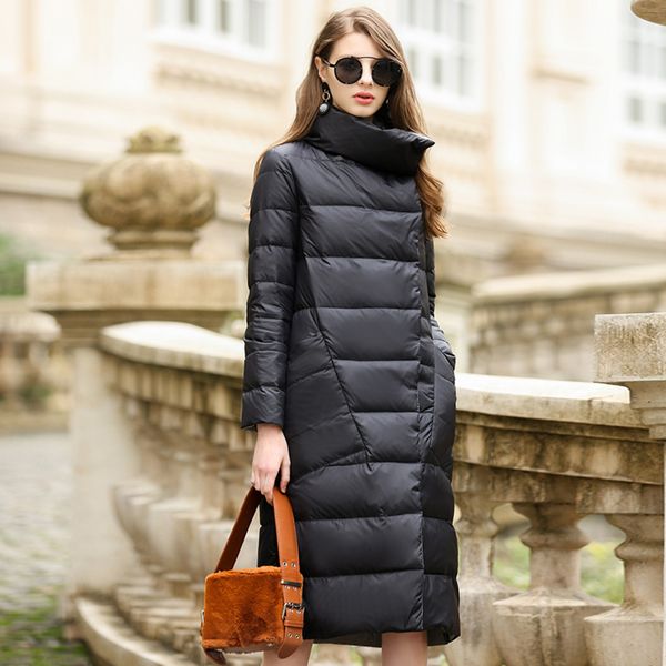 

duck women winter 2019 outerwear coats female long casual light ultra thin warm down puffer jacket parka branded, Black