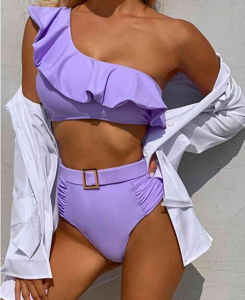 

purple bathing suit women one shoulder swumsuit woman ruffle belt viquinis mujer push up swimwear 2 piece sets, White;black