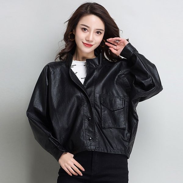 

2021 new autumn women black short loose women's coat plutonium jackets ladies biker leather jacket 4srw