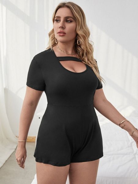 

plus solid cut out front romper 52vj#, Black