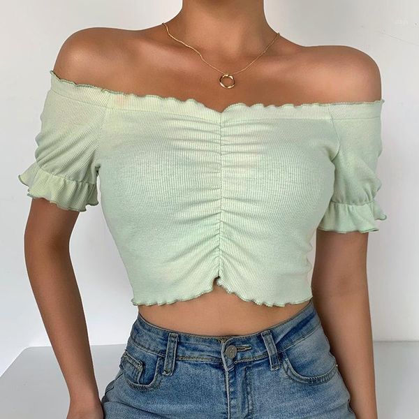 

fashion women green slash neck off-the shoulder short sleeve ruched crop 2020 summer female slim knit clubwear street1, White