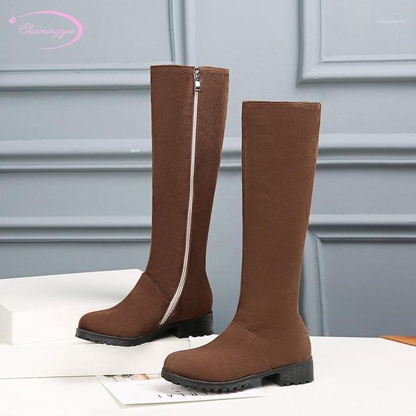 

boots european street style round head nubuck knee high fashion zipper black brown low heel thick riding women's shoes1