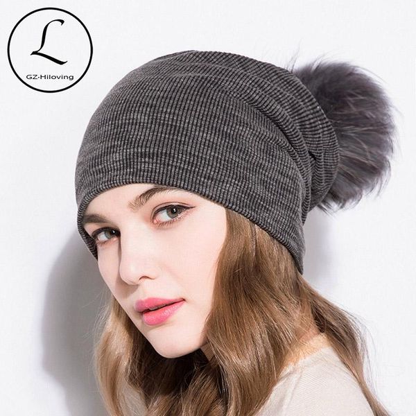 

beanie/skull caps gzhilovingl 2021 spring winter cotton solid skullies and beanies womens slouchy ribbed knit hat colored fur pom, Blue;gray