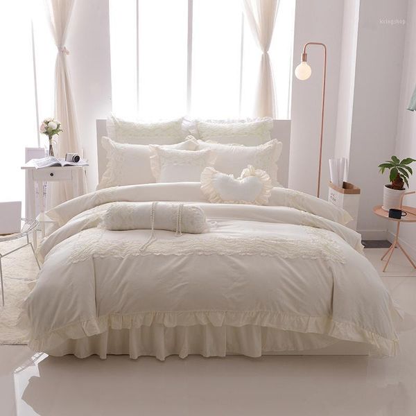

princess style lace bedskirt set twin  king size bedding set 100% cotton soft bedclothes duvet cover bed linen1