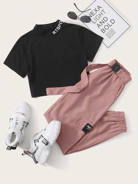 

mock neck tee & belted cargo pants g8tf#, White