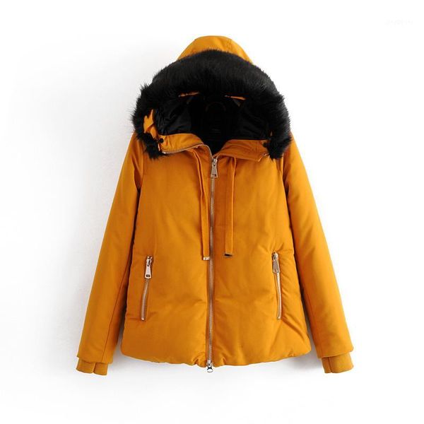 

women thick warm faux fur collar hooded zipper padded jackets famale 2019 winter fashion solid casual street outwear coats parka1, Black