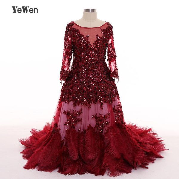 

yewen beach ostrich feathers china long sleeves flower girl dresses for weddings 2020 kids evening gowns mother daughter gowns, Red;yellow
