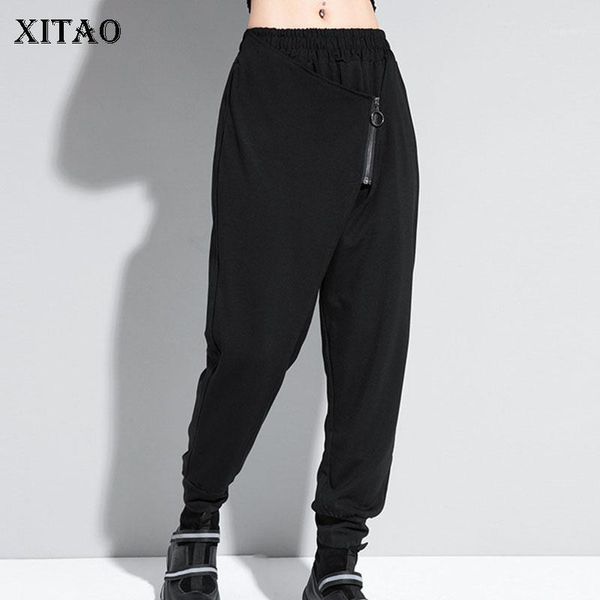 

xitao zipper loose harem pants women 2020 autumn casual fashion style temperament all match elastic waist women clothes zp31961, Black;white