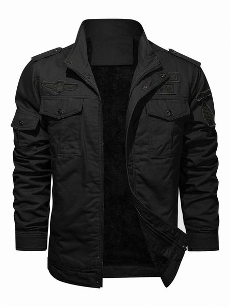 

men patch detail teddy lined jacket 72ju#, Black;brown