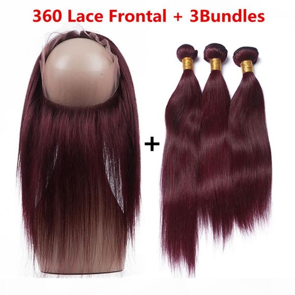 

#99j wine red brazilian virgin human hair wefts straight with 360 lace closure 22.5x4x2 burgundy weave bundles with 360 full lace frontal, Black