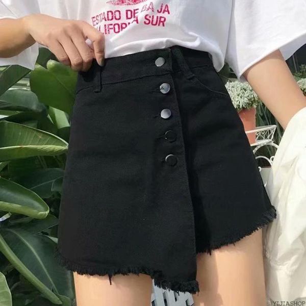 

women's shorts women's irregular button denim high waist slim solid color pocket jeans skirt summer fashion casual shorts1, White;black