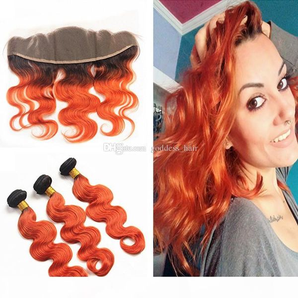 

ombre color body wave 1b 350 orange human hair bundles with lace frontal 13x4 dark root ombre pink hair extension with frontal closure, Black