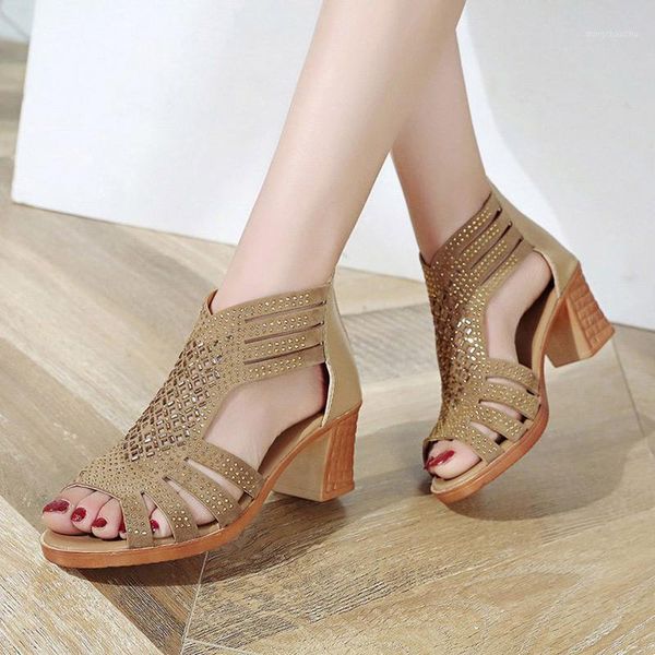 

sandals women peep toe hollow out gladiator shoes summer ladies high heels pu zipper female sandalias mujer woman fashion1, Black