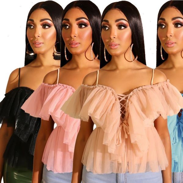 

summer sheer mesh strap blouse women off shoulder lace up bandage hollow out blouse shirts ruffle sleeve blouse, White