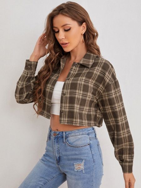 

plaid drop shoulder crop blouse s38o#, White