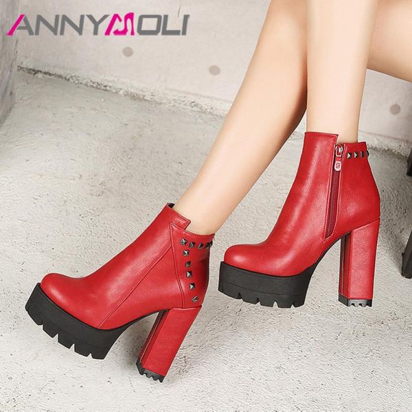 

annymoli platform ankle boots extreme high heel woman boots chunky heel short rivet zip ladies shoes autumn winter red 43, Black