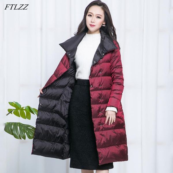 

ftlzz new women double sided down long jacket winter turtleneck white duck down coat double breasted warm parkas snow outwear1, Black