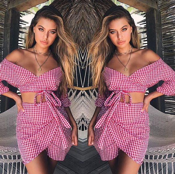 

women summer plaids 2pcs sets chiffon skirts tracksuits v-neck suits pink grey, Gray