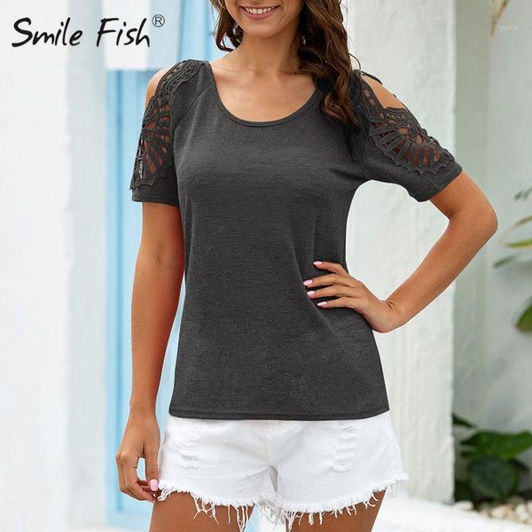 

cold shoulder leisure t-shirts lace patchwork women short sleeve tee shirts solid plus size xxl 2020 summer crochet blusas m07541, White