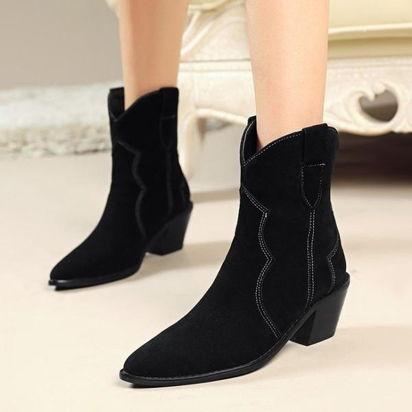 

autumn winter western cowboy boots new women ankle boots women slip on square high heel apricot black sewing flock shoes botas