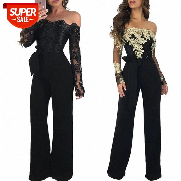 

adogirl lace patchwork jumpsuit women 2019 off shoulder slash neck long sleeve women romper casual slim wide leg jumpsuits #tx0e, Black;white