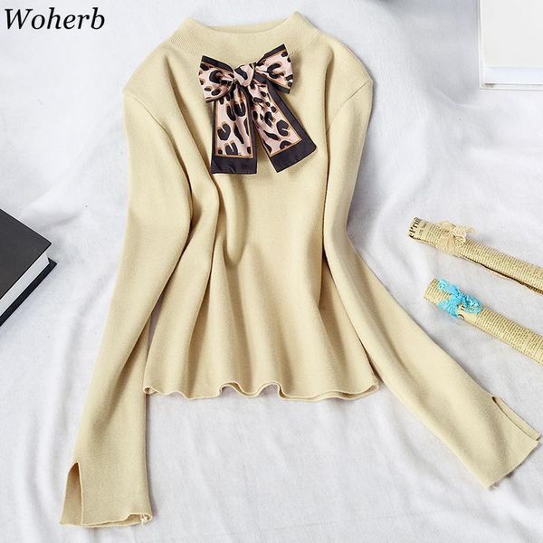 

woherb korean leopard bowknot pullover sweater women causal knitted pull femme 2020 autumn winter basic stretch jumper1, White;black
