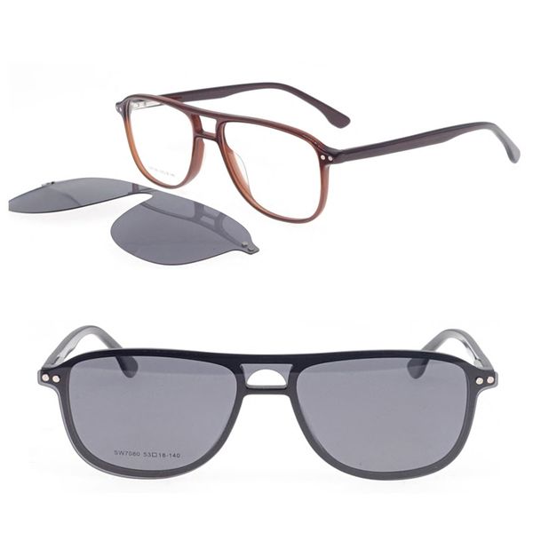 

7080 pilot acetate flexiable hinge prescription cool dual bridge glasses with clip on polarization sunglasses lenses for men, White;black