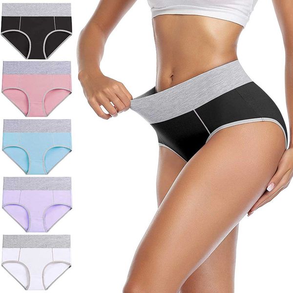 

women's large size color matching cotton high briefs hip lifting comfortable underwear waist closing panties, Black;pink