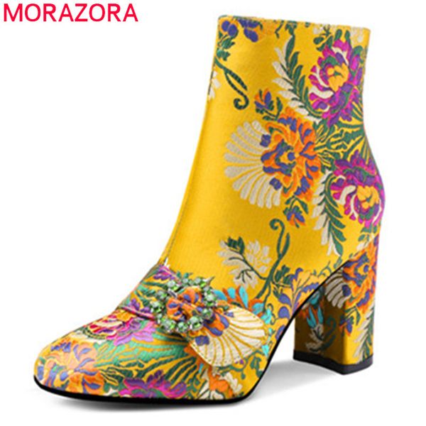 

morazora 2020 new arrival women ankle boots embroider crystal high heels boots zip autumn winter party shoes woman 1026, Black