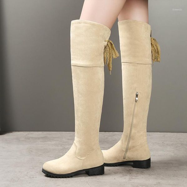 

boots ymechic 2021 winter flock knee high chunky heels black beige motorcycle ribbon cross tied long ladies riding shoes1