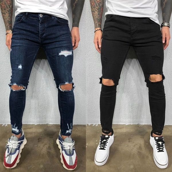 

men's ny stretch denim distressed slim fit fashion trousers men autumn long jeans streetwear, Blue