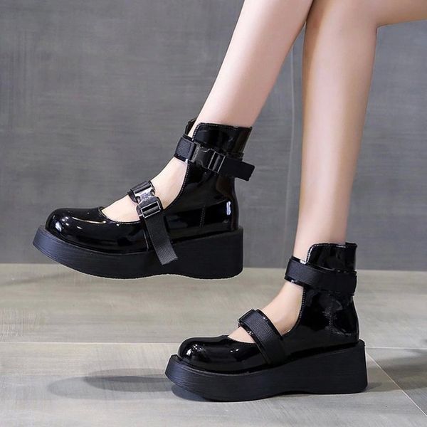 

lolita shoes buckle ankle strap platform shoe women patent leather thick sole punk hollow outs retro motorcycle boot girls 8824n #xd0u, Black