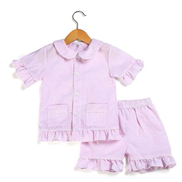 

2020 summer spring kids pajamas sets 100% cotton seersucker pjs toddler sleepwear girls boys sleepwear, Blue;red