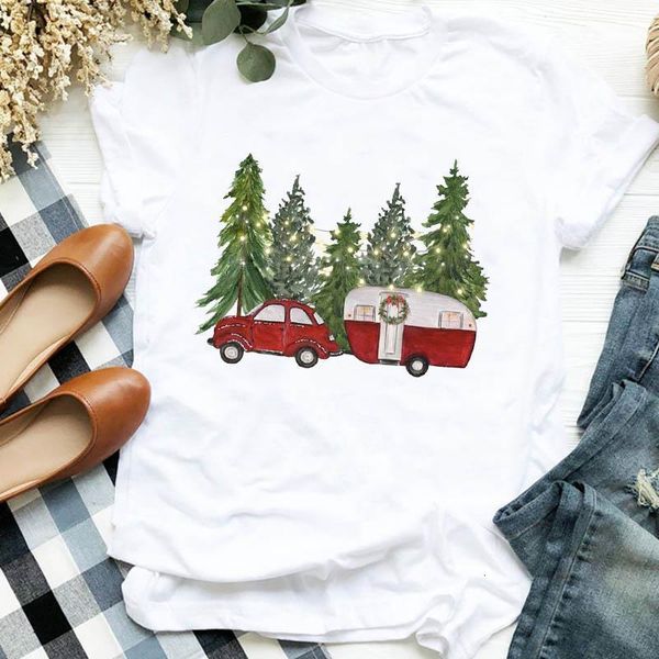 

women lady lights cartoon truck tree 90s short sleeve merry christmas tshirt female graphic clothes shirt t tee t-shirt, White