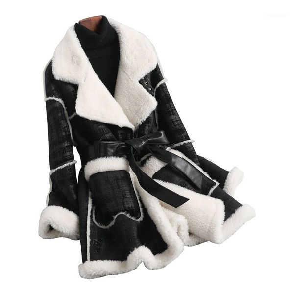 

women winter real fur overcoat sheep shearing lady casual warm natural sheep genuine lamb wool fur coat belted1, Black